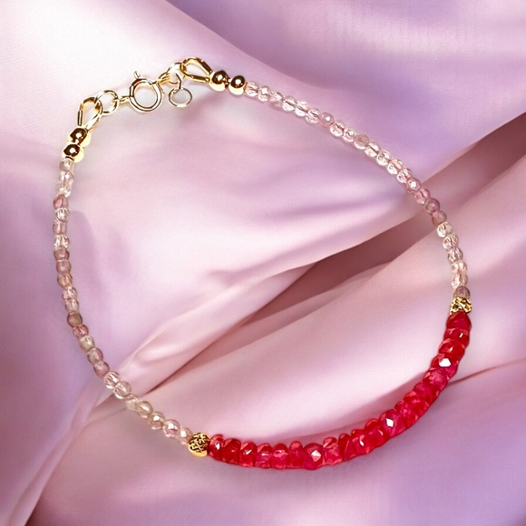 Natural Gems - Pale Amethyst and Bright Pink Spinel Bracelet in 14k Yellow Gold, - Picture 3 of 8